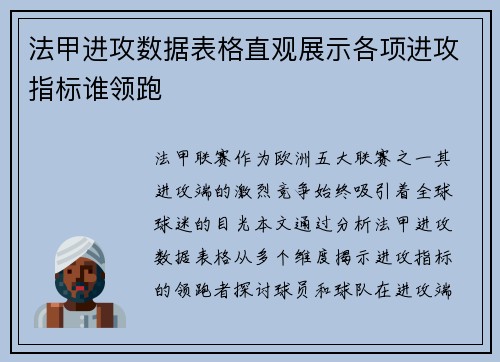 法甲进攻数据表格直观展示各项进攻指标谁领跑
