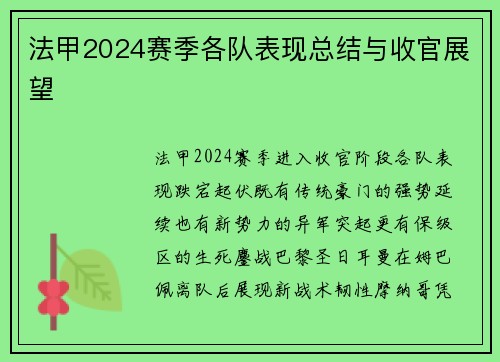 法甲2024赛季各队表现总结与收官展望